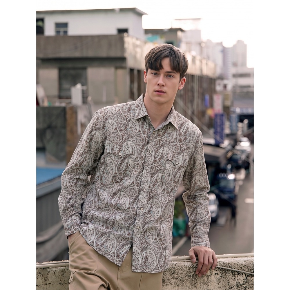 Panhandle Paisley Western Snap Shirt Mens Small Brown Blue Pearl Snap 30S9718